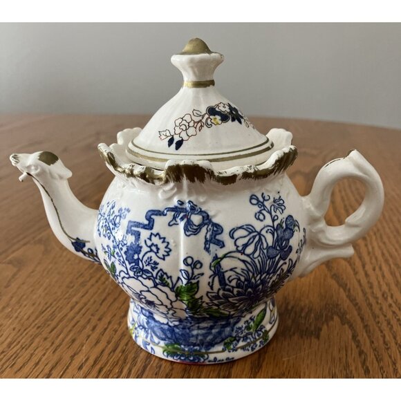 Porcelain Blue Floral Teapot With Gold Details & Bird Spout 5 1/2” - Picture 1 of 6